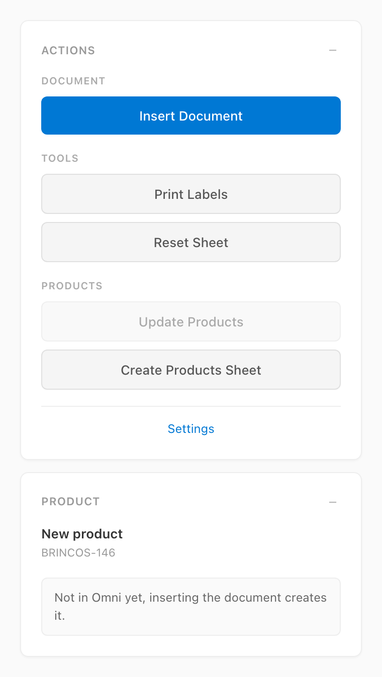 Taskpane product panel of a new product